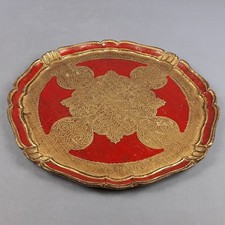 Vassoio Legno Fiorentino Centrotavola Rosso Oro Inciso Esposizione Vintage 1970