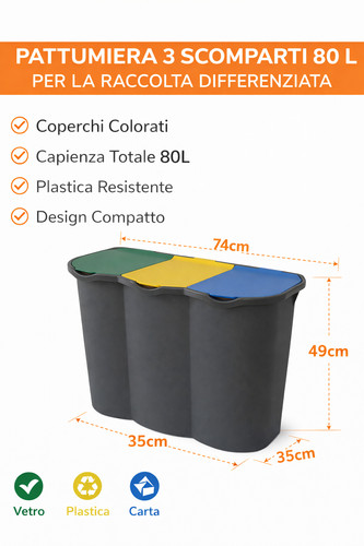 Pattumiera scomparti 80l - pattumiera,