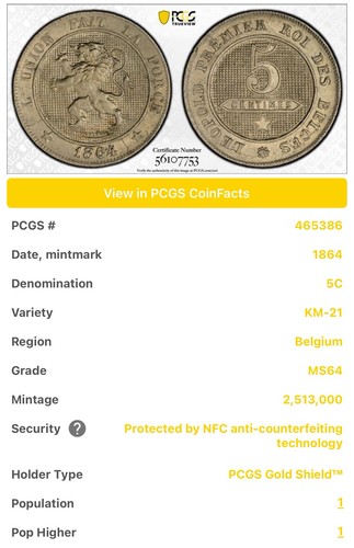 1864 belgium cent pcgs - cent,