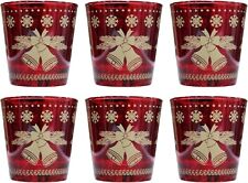 Set di 6 Bicchieri Natalizi in Vetro Rosso con Campane e Fiocchi di Neve oro