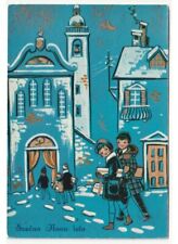 1965 cartolina vintage auguri di Buon Natale bambini strada di paese chiesa