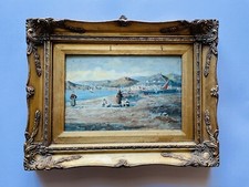 vecchio dipinto ad olio su tavoletta XX secolo paesaggio pescatori