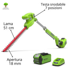 TOSASIEPI TAGLIASIEPI AD ASTA GREENWORKS 40V G40PHA COMPLETO KIT BATTERIA 2Ah