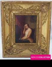 ANTICO RITRATTO DI DONNA DIPINTO A MANO OLIO SU TAVOLA SCUOLA FIAMMINGA 1830