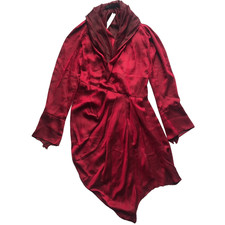 Abito Donna Karan Collezione UK 10 US 6 Rosso Seta Avvolgente Orlo Asimmetrico Polsino Spacco