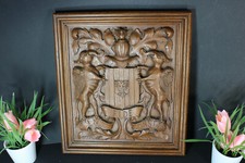 Antico pannello da parete legno intagliato stemma cavaliere draghi mitologici raro 