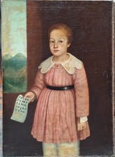 QUADRO DIPINTO ANTICO OTTOCENTO RITRATTO DI BAMBINO SCOLARO ALFABETO