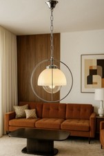 Lampadario vintage anni ’70 in vetro soffiato e struttura cromata