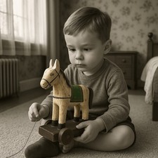 Cavallino Giocattolo Vintage In Legno Su Rotelle Gioco Cavallo