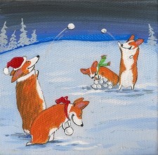 STAMPA 4x4 STAMPA DI DIPINTO XMAS RYTA ARTE POPOLARE PEMBROKE GALLESE CORGI STRAVAGANTE arte popolare
