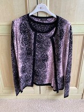 BASLER Twin Set cardigan e top senza maniche rosa e nero UK 12 bottoni gioiello