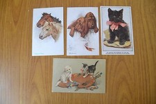 LOTTO 4 ANTICHE CARTOLINE ILLUSTRATE CANI GATTI CAVALLI PRIMI '900 SUBALPINA W