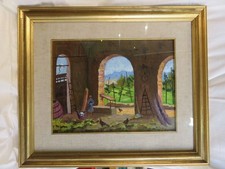 vecchio quadro dipinto mano in cornice CASA DI CAMPAGNA pollaio galline V CORSI