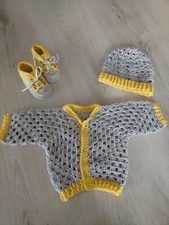 Completino Bimbo Giacca + Cappellino + Scarpine Neonato Fatto A Mano 0-3 mesi 