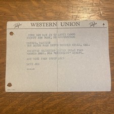 Joe DiMaggio slip fax Western Union di proprietà personale Marilyn Monroe certificato di autenticità 1952