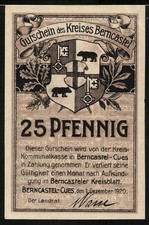 Moneta d'emergenza Berncastel-Cues, 1920, 25 Pfennig, buono del distretto di Berncastel, St 