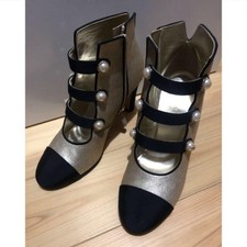 CHANEL pearl Heel Boots Bootie Shoes Women Size 37 COCO MARK 
