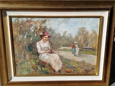 figura femminile seduta al parco, olio su tavola firmato .dim. luce 5070 c,