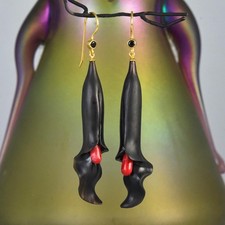 Orecchini Fiore Corno Nero Intagliato Corallo Rosso Spinello Oro Vermeil Sterling 7,84g