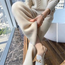 Pantaloni donna spessi 100% lana gamba larga larghi invernali larghi dritti bianchi casual