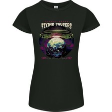 T-Shirt Donna Taglio Petite UFO Alieni Piatto Volante Che Mangia Pianeti