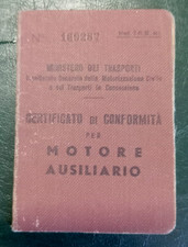 1952 - CERTIFICATO PER CICLOMOTORE MOTORE AUSILIARIO PER VELOCIPEDE " ITOM "