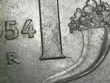 1 LIRA 1954 ERRORE MEZZALUNA IN INCUSO E LINEA SOTTO AL NUMERO 1 (VALORE) [U039]