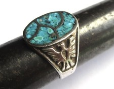 Sz 8.75 VINTAGE STERLING SILVER TURQUOISE INLAY THUNDERBIRD SOUTHWESTERN RING