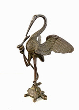 PICCOLA SCULTURA GRUPPO BRONZO AIRONE SERPENTE TARTARUGA BESTIARIO 17cm/h '800