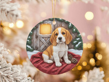 Beagle Cucciolo Decorazione Natalizia Amante Cane Regalo Accogliente Scena Fienile Invernale Ceramica