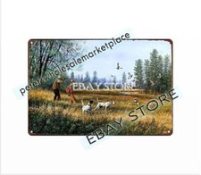 Arte retrò dipinto olio ritorno casa caccia gallo cedrone uccellino cane fucile metallo latta