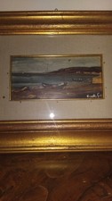 quadro antico olio su tela Paesaggio Mare  Con Pescherecci Cornice Dorata 42x31