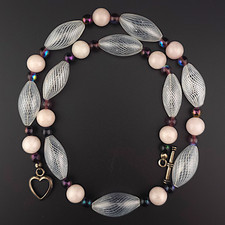 Collana in vetro di Murano Zanfirico e quarzo rosa 18" - vetro artistico veneziano Latticino