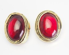 Grande Vintage Metallo Dorato Rosso Ovale Vetro Clip Orecchini Da
