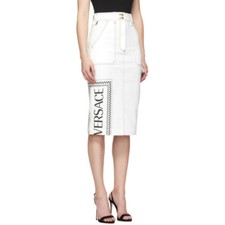 Gonna VERSACE bianca denim logo timbro IT 44, US 8 nuova con etichette