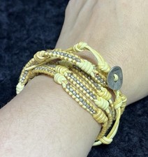 Bracciale CHAN LUU giallo argento sterling 925 perline sfaccettate pelle marrone avvolgente