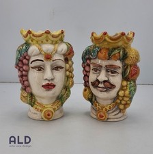 Teste di moro in ceramica di Caltagirone coppia vasi soprammobili altezza 13,5cm