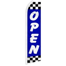 Open Blue Checkered Swooper Flutter Feather Advertising Open Welcome Banner Flag