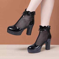 Stivali Estivi Tronchetto 6 Cm Nero Traforato Alti Pelle Sintetica 56648