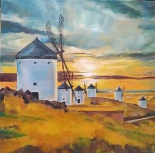 Quadro moderno, dipinto a mano, olio su tela, 40x40, "Mulini al tramonto"