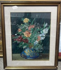 Quadro Dipinto Olio Su Tela Vaso con fiori - Telaio legno cornice e vetro 60x70