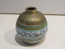 vecchio CALAMAIO IN CERAMICA E ARGENTO 800 disegni foglie dipinto vintage di