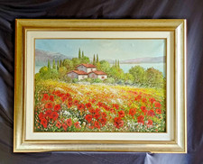 Quadro olio su tela “Paesaggio con Campo di Papaveri” cornice 90x70 cm vintage