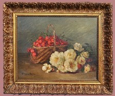 ANTICA NATURA MORTA FRANCESE olio su tela "ciliegie e rose" CORNICE ANTICA