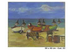 QUADRO PAESAGGIO DI MARE CON BARCHE DEI PESCATORI IN ESTATE OLIO SU TAVOLA X2