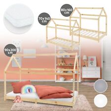 Lettino per bambini forma casa in legno naturale/bianco/grigio con rete a doghe