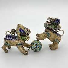 Antica Coppia di Cane di Fo Foo in argento e oro Miniature Cinesi cineserie 900