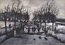 Grande dipinto ad olio originale bianco e nero villaggio italiano figure paesaggio