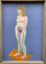 Quadro a Olio Espressionista IN Piedi Femminile Nudo Vor Blu Base Anonimo Annata