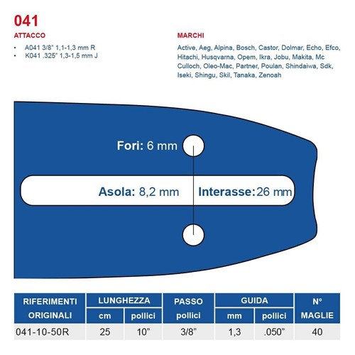Barra motosega 25cm passo 8 - 25cm, 3/8